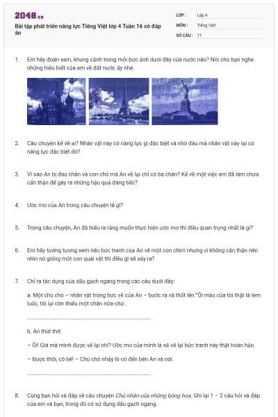 Bài tập phát triển năng lực Tiếng Việt lớp 4 Tuần 16 có đáp án