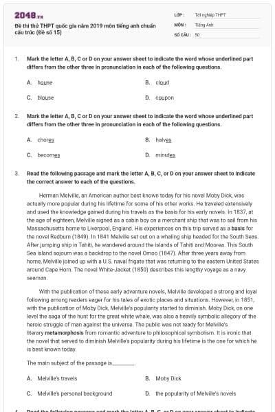 Đề thi thử THPT quốc gia năm 2019 môn tiếng anh chuẩn cấu trúc (Đề số 15)