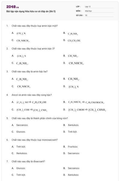 Bài tập vận dụng Hóa hữu cơ có đáp án (Đề 5)