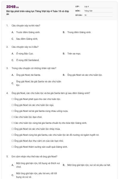 Bài tập phát triển năng lực Tiếng Việt lớp 4 Tuần 18 có đáp án