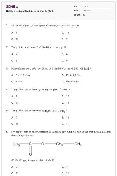 Bài tập vận dụng Hóa hữu cơ có đáp án (Đề 6)