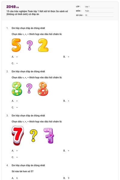 15 câu trắc nghiệm Toán lớp 1 Kết nối tri thức So sánh số (không có hình ảnh) có đáp án