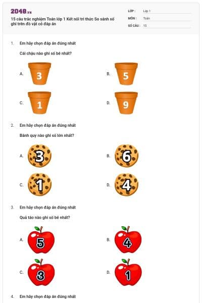 15 câu trắc nghiệm Toán lớp 1 Kết nối tri thức So sánh số ghi trên đồ vật có đáp án