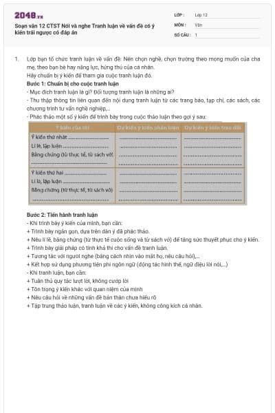 Soạn văn 12 CTST Nói và nghe Tranh luận về vấn đề có ý kiến trái ngược có đáp án