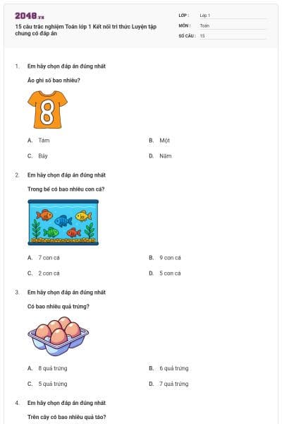 15 câu trắc nghiệm Toán lớp 1 Kết nối tri thức Luyện tập chung có đáp án