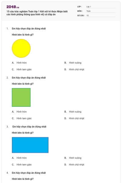 15 câu trắc nghiệm Toán lớp 1 Kết nối tri thức Nhận biết các hình phẳng thông qua hình vẽ) có đáp án