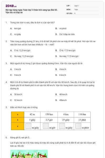 Bài tập hàng ngày Toán lớp 5 Chân trời sáng tạo Bài 83. Vận tốc có đáp án