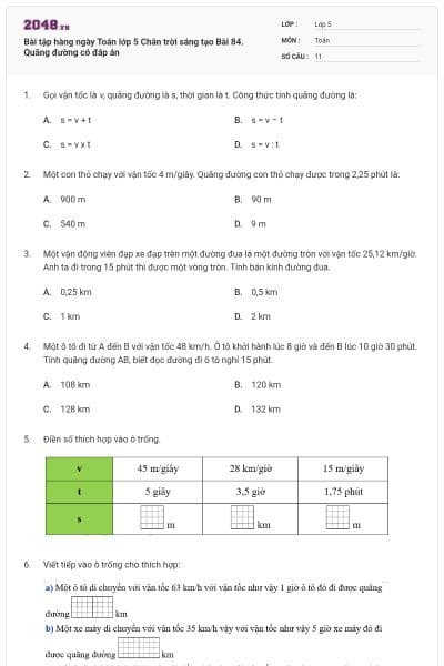 Bài tập hàng ngày Toán lớp 5 Chân trời sáng tạo Bài 84. Quãng đường có đáp án