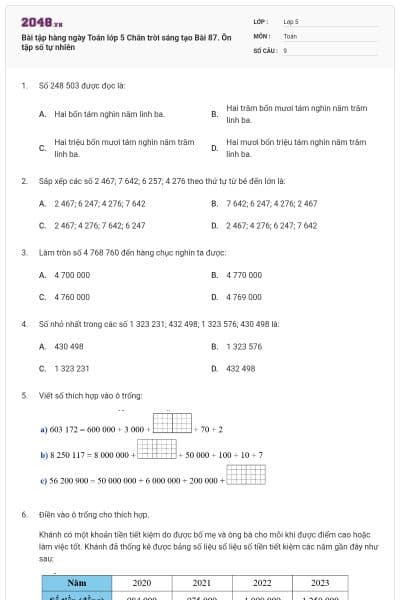 Bài tập hàng ngày Toán lớp 5 Chân trời sáng tạo Bài 87. Ôn tập số tự nhiên