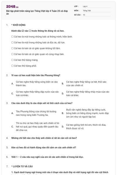 Bài tập phát triển năng lực Tiếng Việt lớp 4 Tuần 25 có đáp án