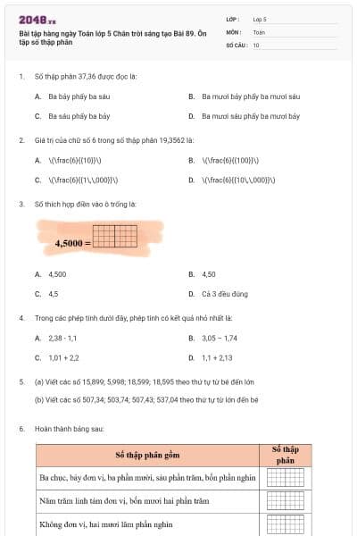 Bài tập hàng ngày Toán lớp 5 Chân trời sáng tạo Bài 89. Ôn tập số thập phân