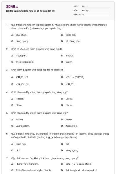Bài tập vận dụng Hóa hữu cơ có đáp án (Đề 11)