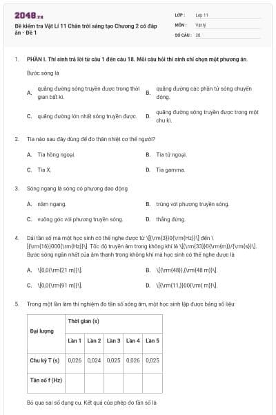 Đề kiểm tra Vật Lí 11 Chân trời sáng tạo Chương 2 có đáp án  - Đề 1