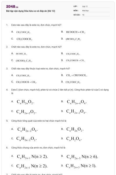 Bài tập vận dụng Hóa hữu cơ có đáp án (Đề 13)