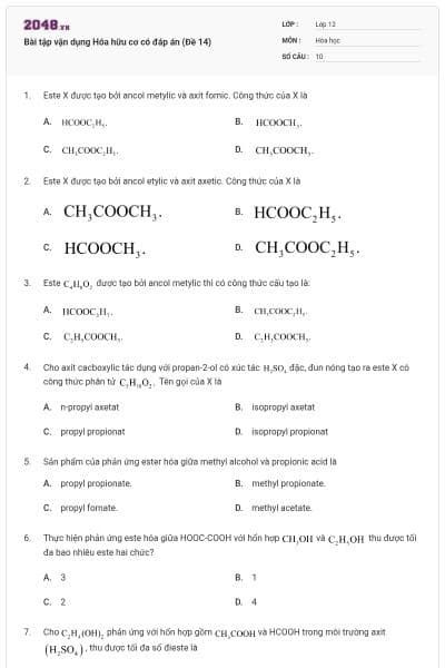 Bài tập vận dụng Hóa hữu cơ có đáp án (Đề 14)