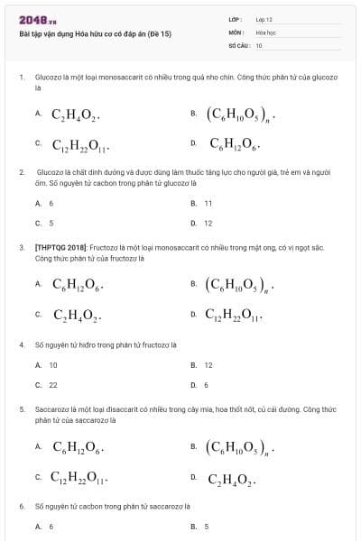 Bài tập vận dụng Hóa hữu cơ có đáp án (Đề 15)