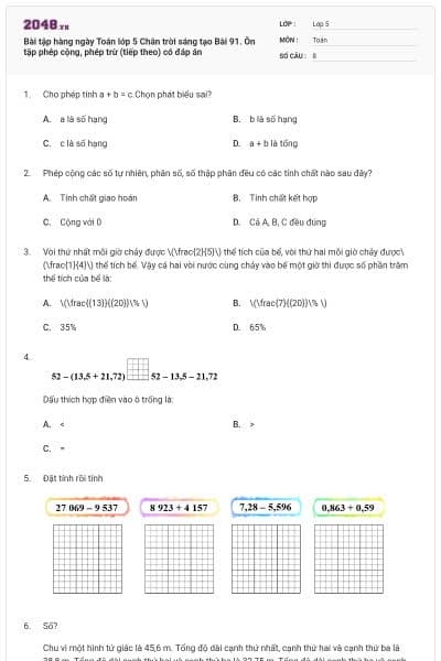 Bài tập hàng ngày Toán lớp 5 Chân trời sáng tạo Bài 91. Ôn tập phép cộng, phép trừ (tiếp theo) có đáp án