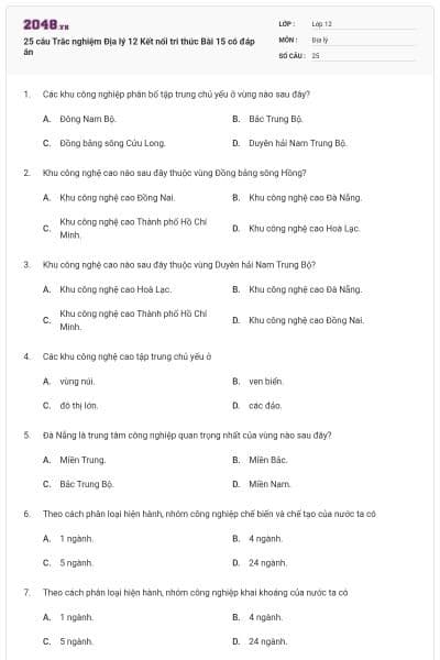 25 câu Trắc nghiệm Địa lý 12 Kết nối tri thức Bài 15 có đáp án