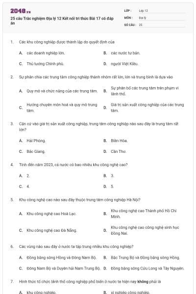 25 câu Trắc nghiệm Địa lý 12 Kết nối tri thức Bài 17 có đáp án