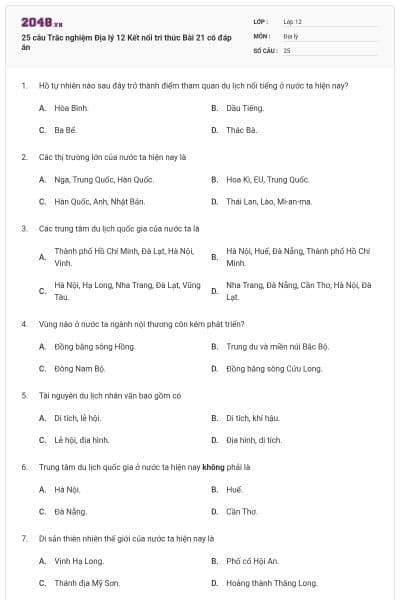 25 câu Trắc nghiệm Địa lý 12 Kết nối tri thức Bài 21 có đáp án