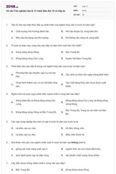 35 câu Trắc nghiệm Địa lý 12 Cánh diều Bài 10 có đáp án