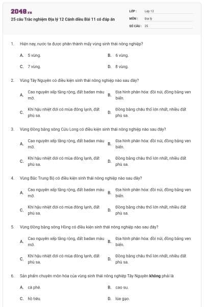 25 câu Trắc nghiệm Địa lý 12 Cánh diều Bài 11 có đáp án