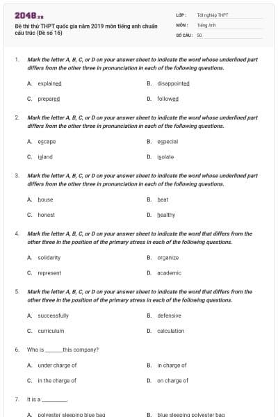 Đề thi thử THPT quốc gia năm 2019 môn tiếng anh chuẩn cấu trúc (Đề số 16)