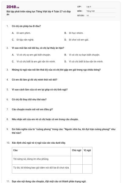 Bài tập phát triển năng lực Tiếng Việt lớp 4 Tuần 27 có đáp án