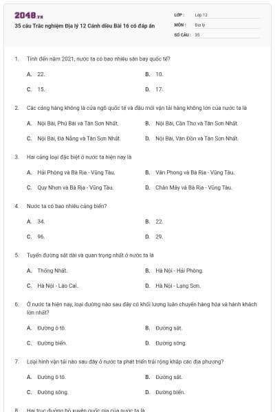 35 câu Trắc nghiệm Địa lý 12 Cánh diều Bài 16 có đáp án