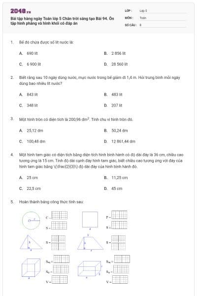 Bài tập hàng ngày Toán lớp 5 Chân trời sáng tạo Bài 94. Ôn tập hình phẳng và hình khối có đáp án