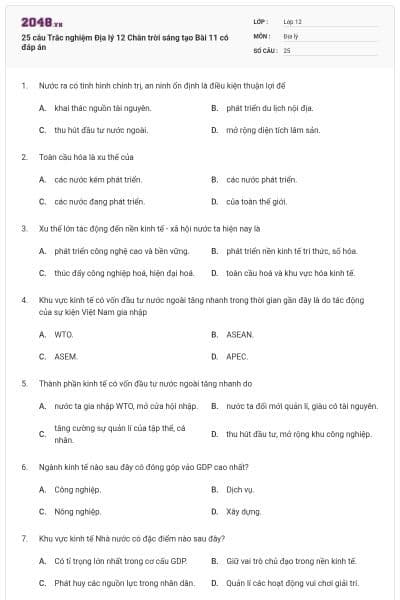 25 câu Trắc nghiệm Địa lý 12 Chân trời sáng tạo Bài 11 có đáp án