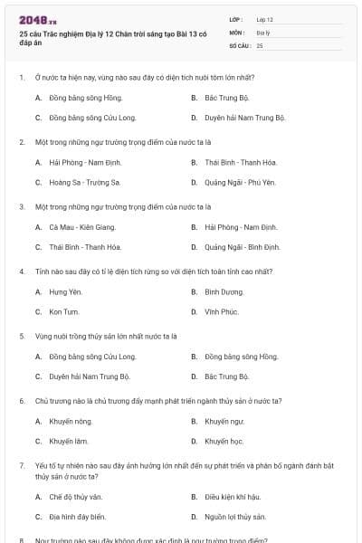 25 câu Trắc nghiệm Địa lý 12 Chân trời sáng tạo Bài 13 có đáp án