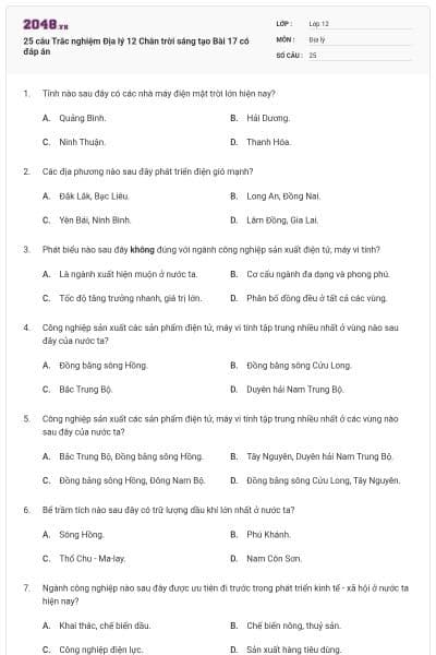 25 câu Trắc nghiệm Địa lý 12 Chân trời sáng tạo Bài 17 có đáp án
