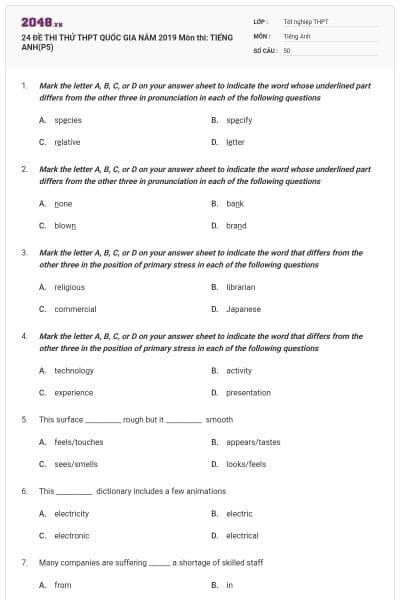 24 ĐỀ THI THỬ THPT QUỐC GIA NĂM 2019 Môn thi: TIẾNG ANH(P5)