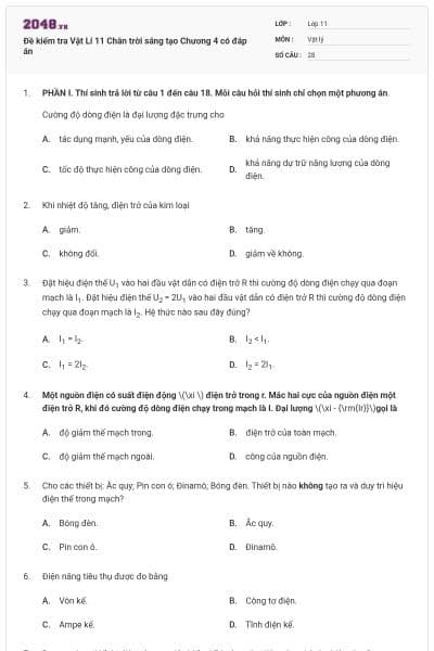 Đề kiểm tra Vật Lí 11 Chân trời sáng tạo Chương 4 có đáp án