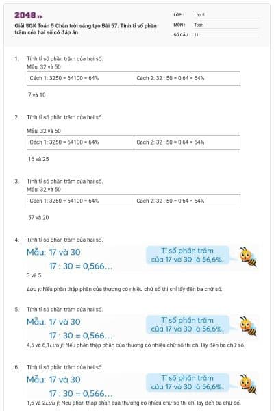 Giải SGK Toán 5 Chân trời sáng tạo Bài 57. Tính tỉ số phần trăm của hai số có đáp án