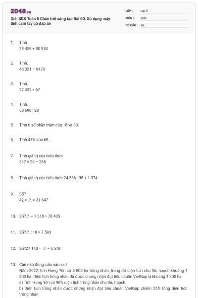 Giải SGK Toán 5 Chân trời sáng tạo Bài 60. Sử dụng máy tính cầm tay có đáp án