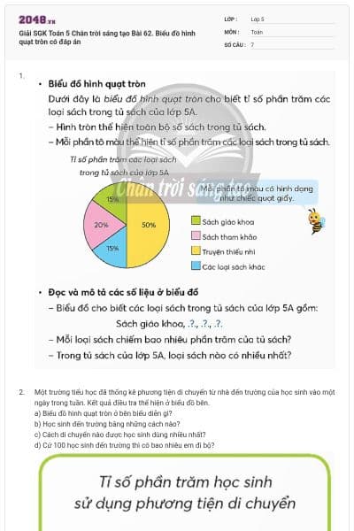 Giải SGK Toán 5 Chân trời sáng tạo Bài 62. Biểu đồ hình quạt tròn có đáp án