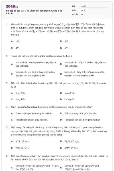 Bài tập ôn tập Vật lí 11 Chân trời sáng tạo Chương 3 có đáp án