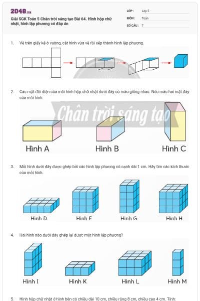 Giải SGK Toán 5 Chân trời sáng tạo Bài 64. Hình hộp chữ nhật, hình lập phương có đáp án