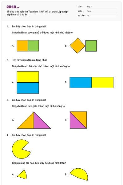 15 câu trắc nghiệm Toán lớp 1 Kết nối tri thức Lắp ghép, xếp hình có đáp án