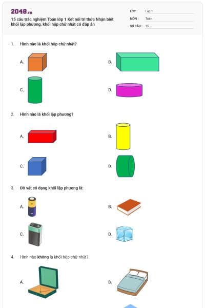 15 câu trắc nghiệm Toán lớp 1 Kết nối tri thức Nhận biết khối lập phương, khối hộp chữ nhật có đáp án