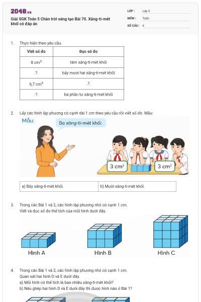 Giải SGK Toán 5 Chân trời sáng tạo Bài 70. Xăng-ti-mét khối có đáp án