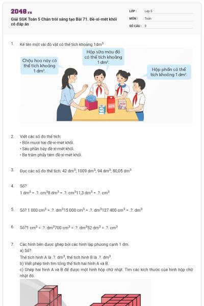 Giải SGK Toán 5 Chân trời sáng tạo Bài 71. Đề-xi-mét khối có đáp án