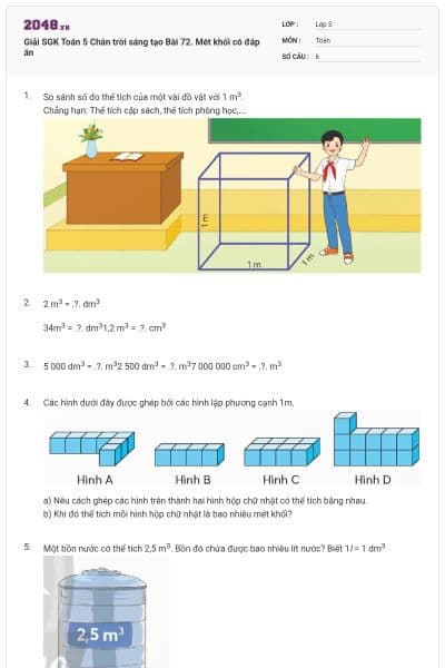 Giải SGK Toán 5 Chân trời sáng tạo Bài 72. Mét khối có đáp án