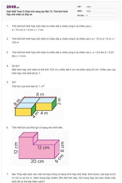 Giải SGK Toán 5 Chân trời sáng tạo Bài 73. Thể tích hình hộp chữ nhật có đáp án