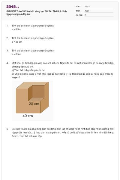 Giải SGK Toán 5 Chân trời sáng tạo Bài 74. Thể tích hình lập phương có đáp án