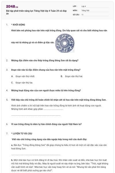 Bài tập phát triển năng lực Tiếng Việt lớp 4 Tuần 29 có đáp án