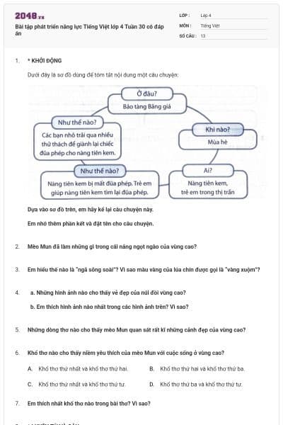 Bài tập phát triển năng lực Tiếng Việt lớp 4 Tuần 30 có đáp án