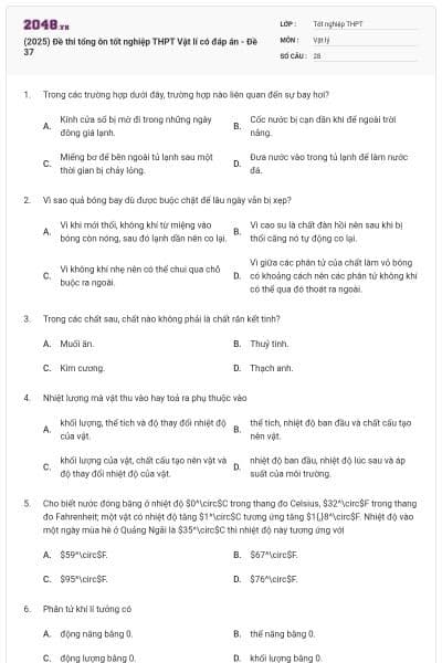 (2025) Đề thi tổng ôn tốt nghiệp THPT Vật lí có đáp án - Đề 37